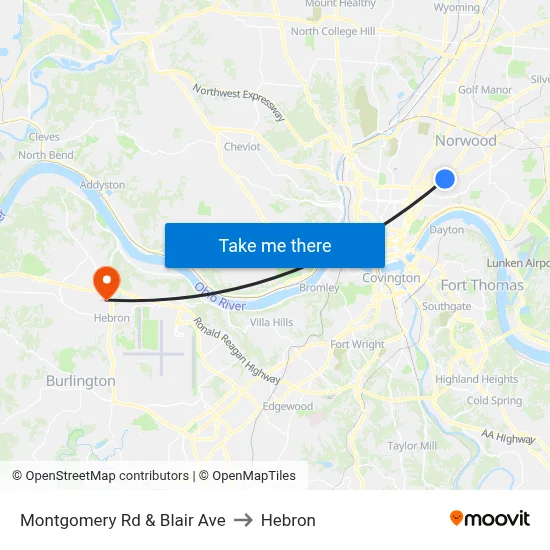 Montgomery Rd & Blair Ave to Hebron map