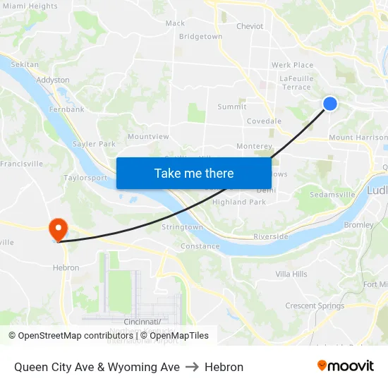 Queen City Ave & Wyoming Ave to Hebron map