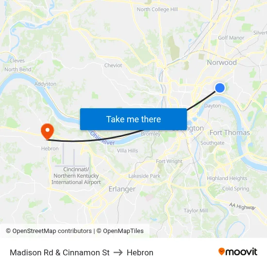 Madison Rd & Cinnamon St to Hebron map