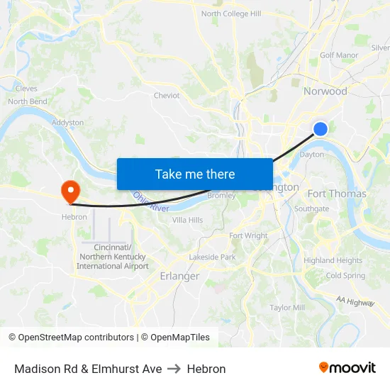 Madison Rd & Elmhurst Ave to Hebron map