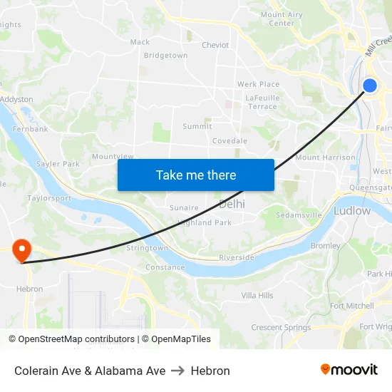 Colerain Ave & Alabama Ave to Hebron map