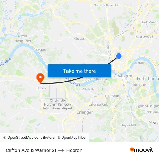 Clifton Ave & Warner St to Hebron map