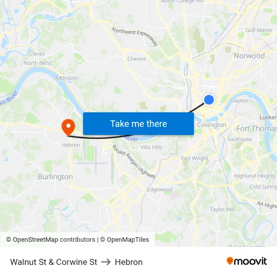 Walnut St & Corwine St to Hebron map