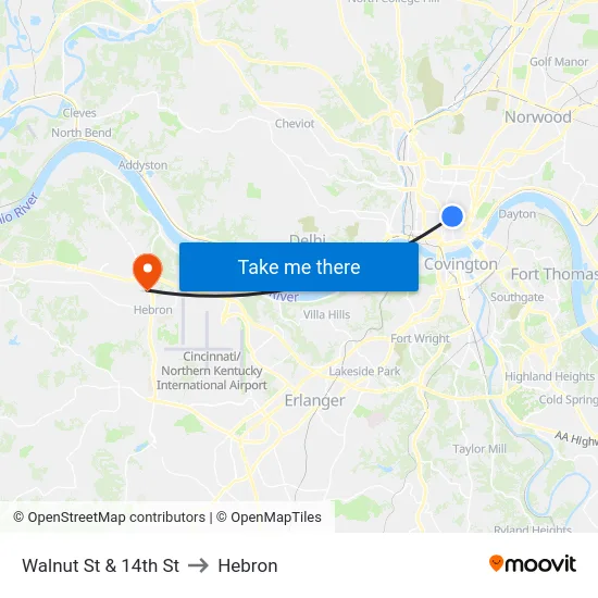 Walnut St & 14th St to Hebron map