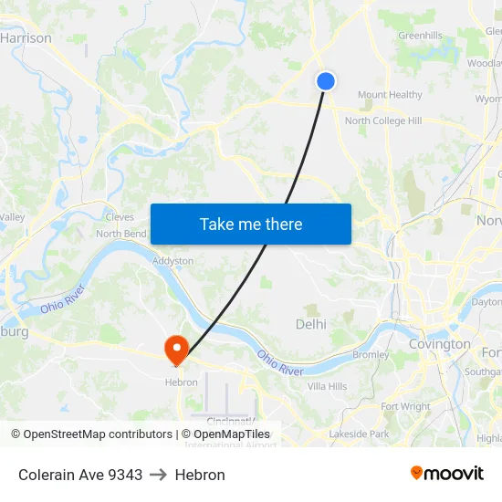 Colerain Ave 9343 to Hebron map