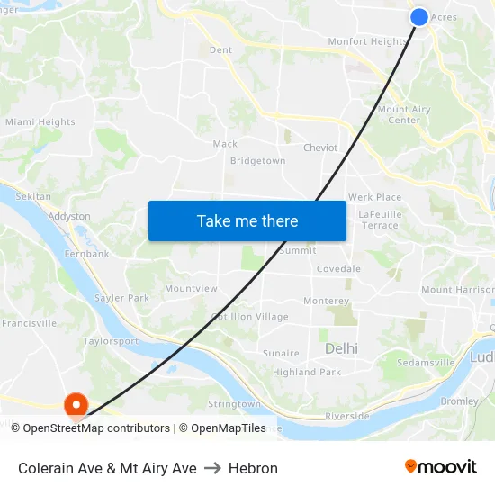 Colerain Ave & Mt Airy Ave to Hebron map