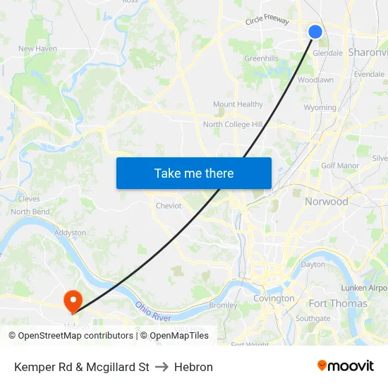 Kemper Rd & Mcgillard St to Hebron map