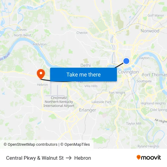 Central Pkwy & Walnut St to Hebron map