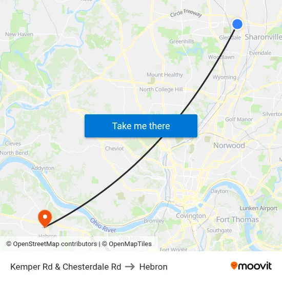 Kemper Rd & Chesterdale Rd to Hebron map
