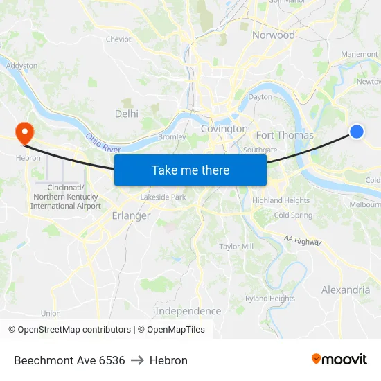 Beechmont Ave 6536 to Hebron map