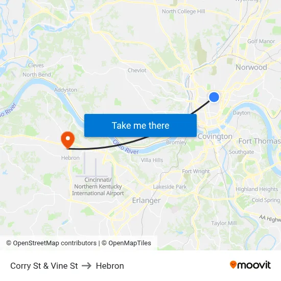Corry St & Vine St to Hebron map