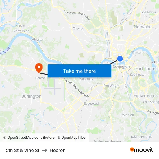 5th St & Vine St to Hebron map