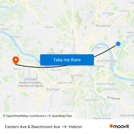 Eastern Ave & Beechmont Ave to Hebron map
