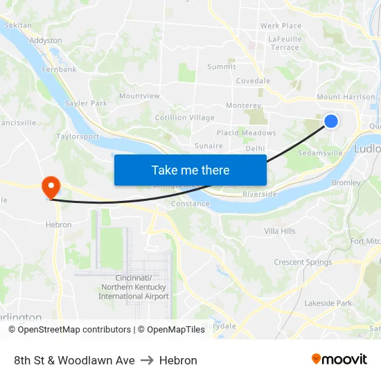 8th St & Woodlawn Ave to Hebron map