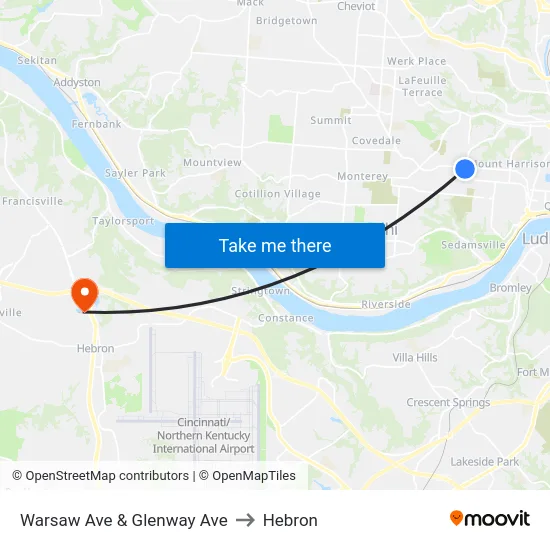 Warsaw Ave & Glenway Ave to Hebron map