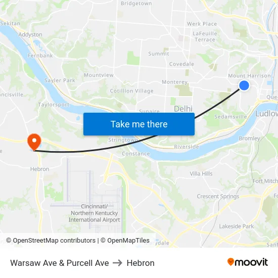 Warsaw Ave & Purcell Ave to Hebron map