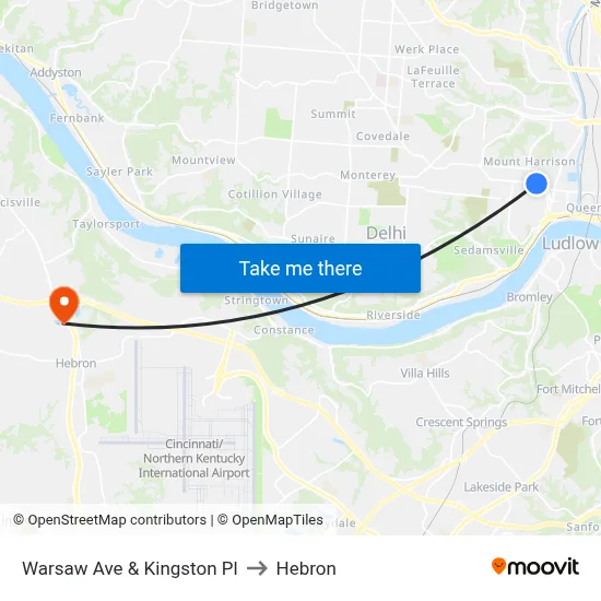 Warsaw Ave & Kingston Pl to Hebron map