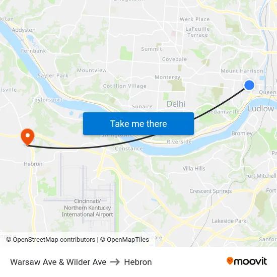 Warsaw Ave & Wilder Ave to Hebron map