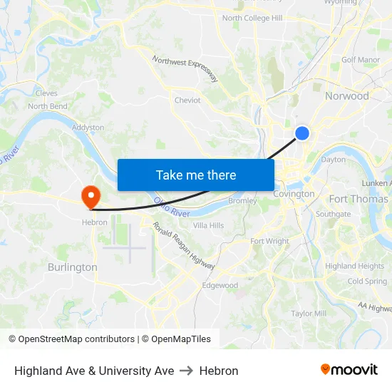 Highland Ave & University Ave to Hebron map