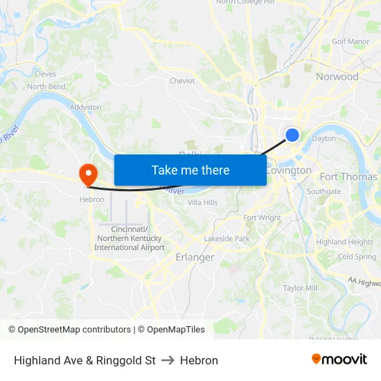 Highland Ave & Ringgold St to Hebron map