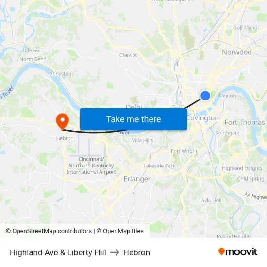 Highland Ave & Liberty Hill to Hebron map