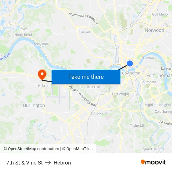 7th St & Vine St to Hebron map