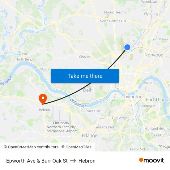Epworth Ave & Burr Oak St to Hebron map