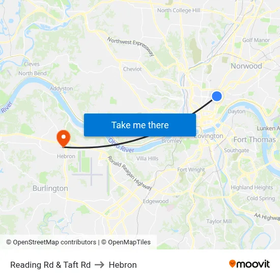 Reading Rd & Taft Rd to Hebron map