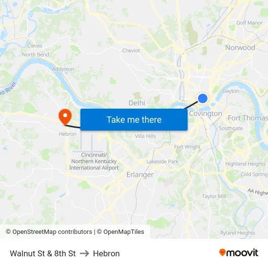 Walnut St & 8th St to Hebron map