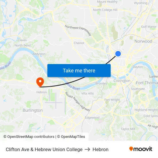 Clifton Ave & Hebrew Union College to Hebron map