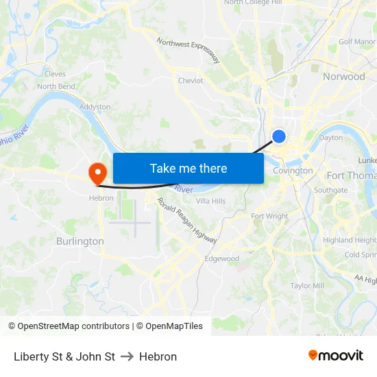 Liberty St & John St to Hebron map