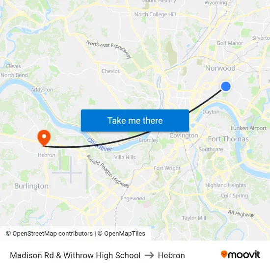 Madison Rd & Withrow High School to Hebron map
