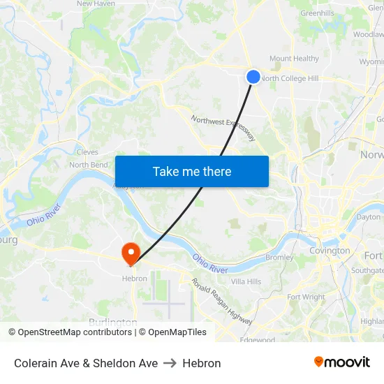 Colerain Ave & Sheldon Ave to Hebron map