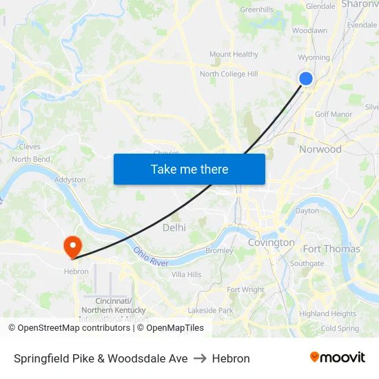 Springfield Pike & Woodsdale Ave to Hebron map