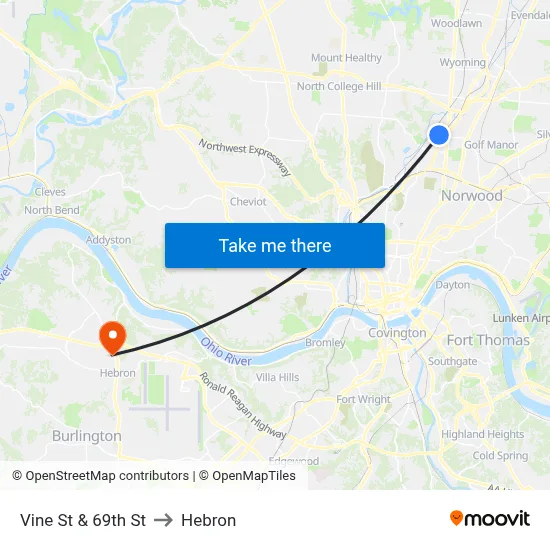 Vine St & 69th St to Hebron map