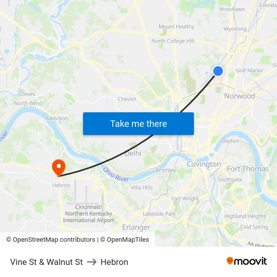Vine St & Walnut St to Hebron map