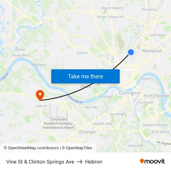 Vine St & Clinton Springs Ave to Hebron map
