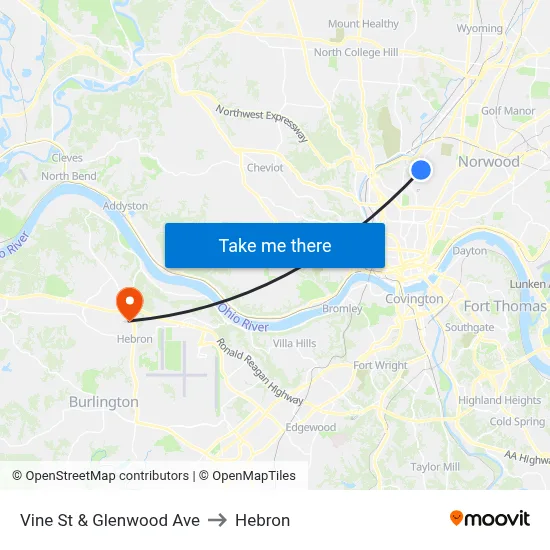 Vine St & Glenwood Ave to Hebron map