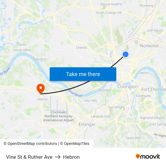 Vine St & Ruther Ave to Hebron map