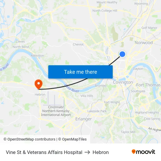 Vine St & Veterans Affairs Hospital to Hebron map