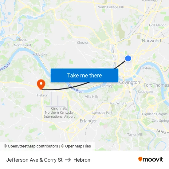 Jefferson Ave & Corry St to Hebron map