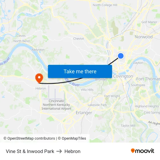 Vine St & Inwood Park to Hebron map