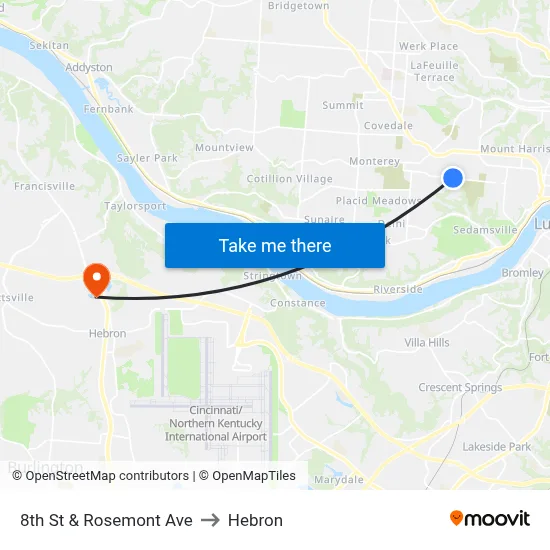 8th St & Rosemont Ave to Hebron map