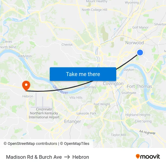 Madison Rd & Burch Ave to Hebron map
