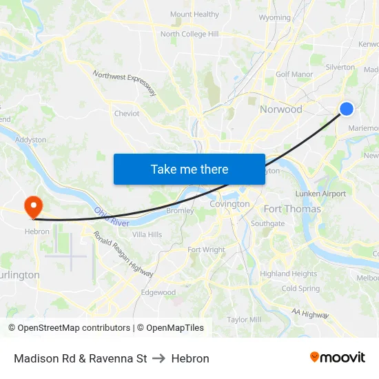 Madison Rd & Ravenna St to Hebron map