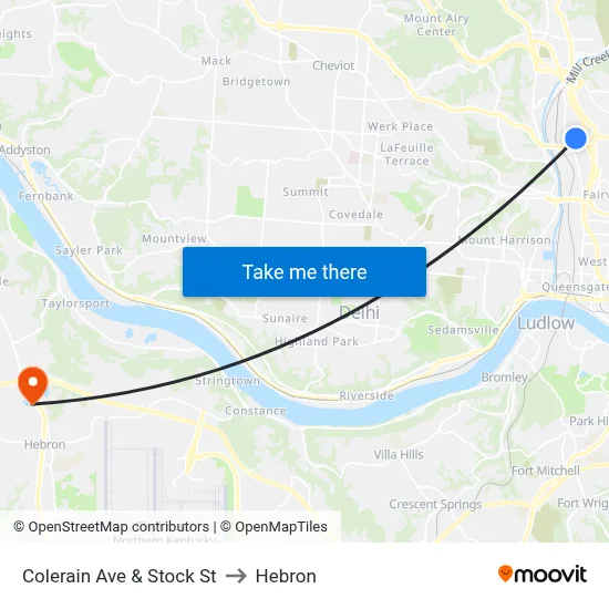 Colerain Ave & Stock St to Hebron map
