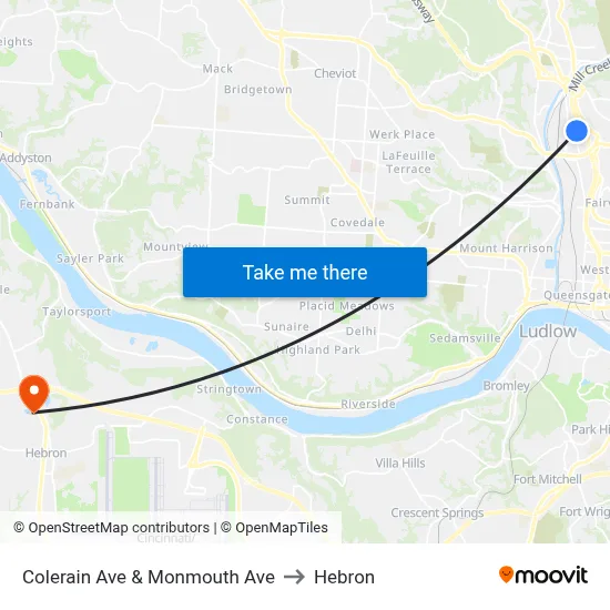 Colerain Ave & Monmouth Ave to Hebron map
