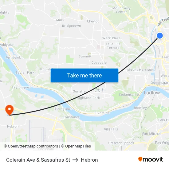Colerain Ave & Sassafras St to Hebron map