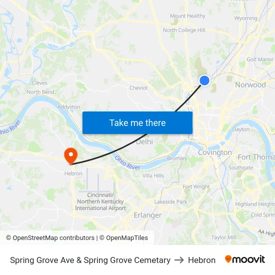 Spring Grove Ave & Spring Grove Cemetary to Hebron map
