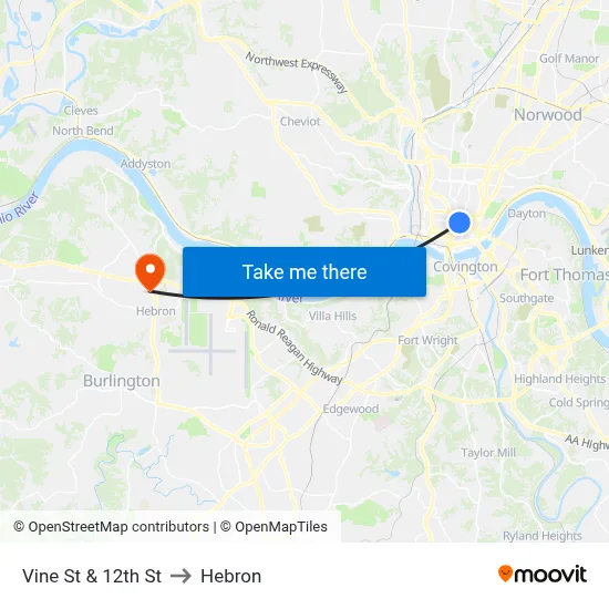 Vine St & 12th St to Hebron map